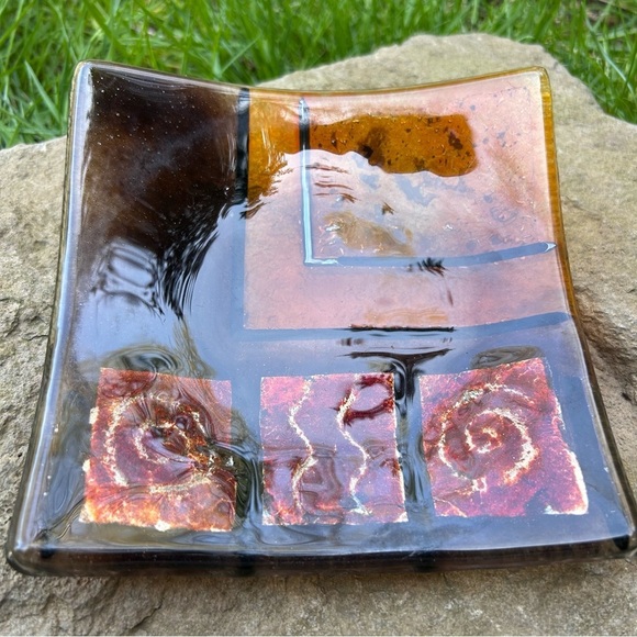 VINTAGE MCM 70s Glass 6" Square Ashtray Trinket Red Orange Silver Abstract Tray - Picture 5 of 11